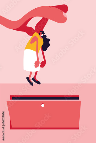 big hand holds businesswoman, dismissed from job