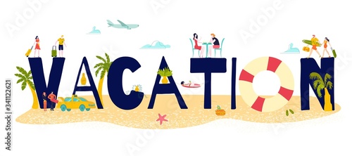 Hot tour travel for vacation sea holiday at summer, big letters and tiny people in swimming suits and with luggage, tourism to sea isolated flat vector illustration. Tourists vacation typography.