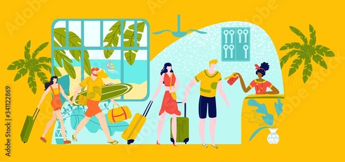 Hotel reception for travellers people on vacation, hostel for student hot tours to seashore in summer flat vector illustration. Travel accomodation for young people, receptionist gives keys to