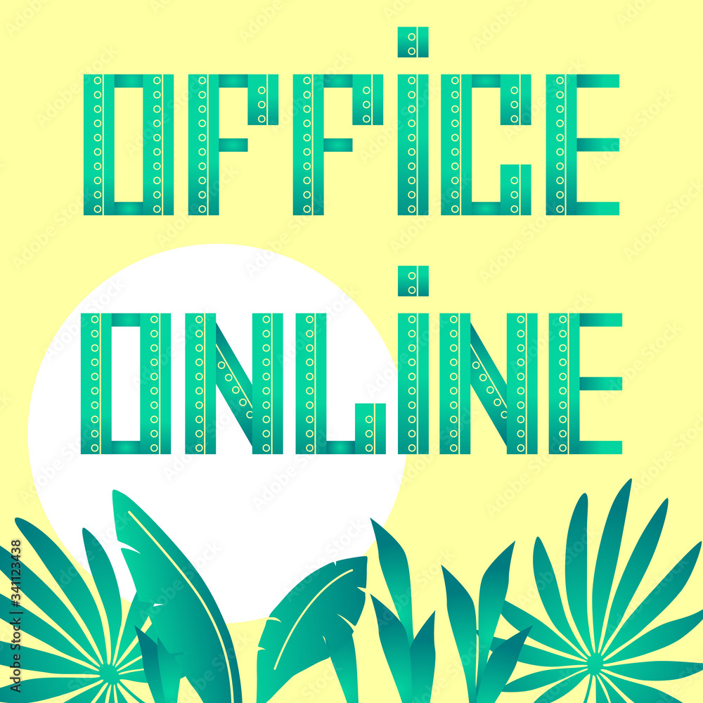 Home plants with office online text on yellow backdrop. Web poster for flyer, info card, website or social banner, remote job vacancy, labor exchange, cloth print. Flat style stock vector illustration Home plants with office online text on yellow backdrop. Web poster for flyer, info card, website or social banner, remote job vacancy, labor exchange, cloth print. Flat style stock vector illustration