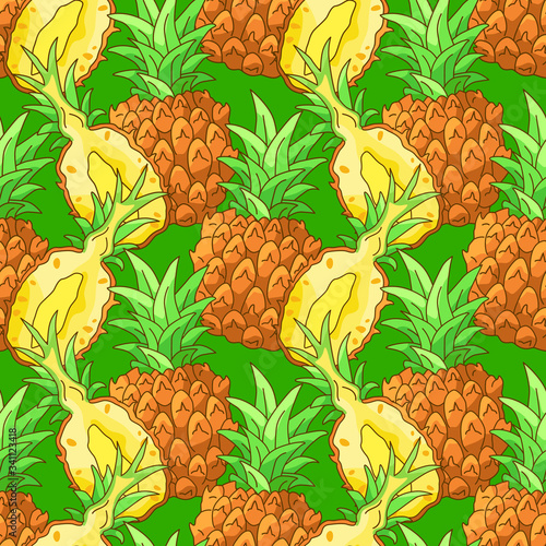 Overlayed pineapple on green backdrop. Tropical fruits seamless pattern for wrap paper, sleeper, bath tile, apparel or bed linen. Phone case or cloth print art. Drawn style stock vector illustration