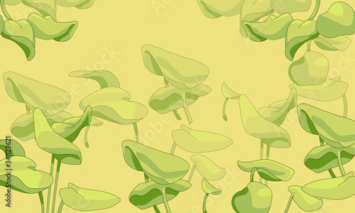 Water plant leaves on yellow backdrop. Waterlily  sticker set for invitation or gift card, pillowcase, notebook, postcard, bath tile. Phone case or cloth print. Minimal style stock vector illustration
