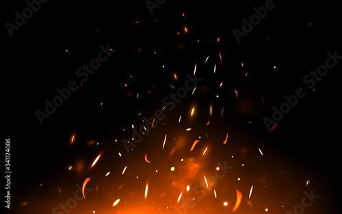 Fire sparks and particles on dark backdrop. Realistic bonfire with heat effect. Hell fire and light flame. Flying up bright and hot elements isolated on black. Vector illustration