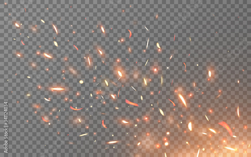 Fire sparks isolated on light transparent background. Burning particles flying up. Realistic lighting effect. Bright glowing elements and orange flame. Vector illustration