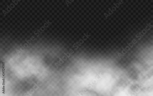 Smoke texture on transparent background. Realistic cloudiness or smog effect. White clouds or spooky mist. Fog special effect. Atmosphere effect. Vector illustration