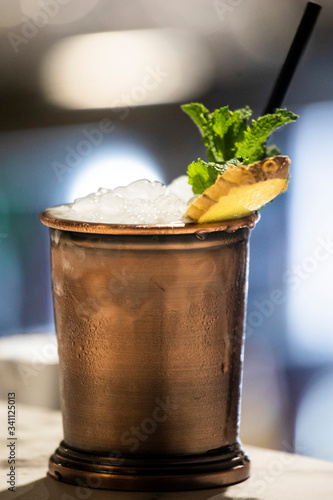 Photography moscow mule cocktail with vodka, ginger beer, lime juice and ice