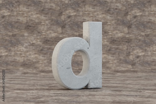 Concrete 3d letter D lowercase. Hard stone letter on wooden background. Concrete alphabet with imperfections. 3d rendered font character.