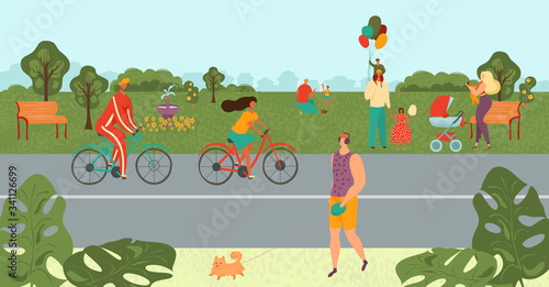 Fototapeta Naklejka Na Ścianę i Meble -  People relaxing in park, bicycling, doing sport, parent playing with kids in nature landscape cartoon vector illustration. Relax and activities outdoor, healthy park recreation, summertime relaxation.