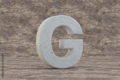Concrete 3d letter G uppercase. Hard stone letter on wooden background. Concrete alphabet with imperfections. 3d rendered font character.