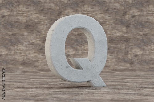 Concrete 3d letter Q uppercase. Hard stone letter on wooden background. Concrete alphabet with imperfections. 3d rendered font character.