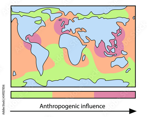 Vector illustration of a global geographical map visualising anthropogenic influence on the marine environment.