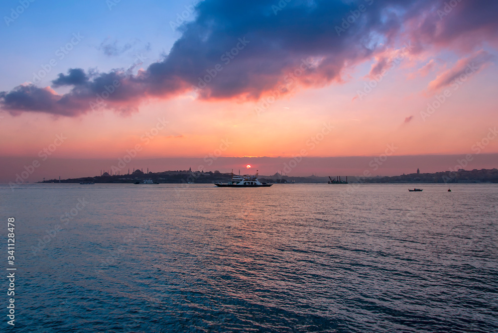 Istanbul, Turkey, 09 March 2006: Blue Mosque, Hagia Sophia Museum, Topkapi Palace, Historical Peninsula, Sunset Istanbul, Turkey, 09 March 2006: Blue Mosque, Hagia Sophia Museum, Topkapi Palace, Historical Peninsula, Sunset