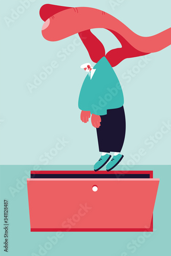 big hand holds businessman, dismissed from job