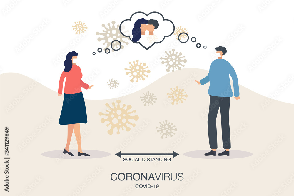 Social distancing. Concept man and woman with virus pathogens, thoughts love, keep distance in public society away to prevent COVID-19 coronavrius disease. Flat design vector illustration.No Infection Social distancing. Concept man and woman with virus pathogens, thoughts love, keep distance in public society away to prevent COVID-19 coronavrius disease. Flat design vector illustration.No Infection