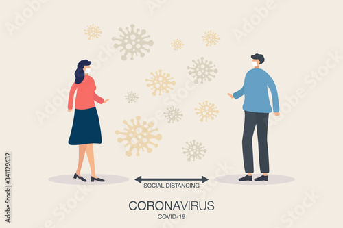 Social distancing. Concept man and woman with virus pathogens, keep distance in public society away to prevent COVID-19 coronavrius disease. Flat design vector illustration. Stop No Infection