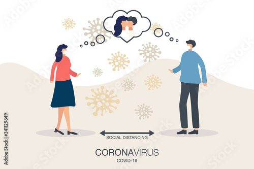 Social distancing. Concept man and woman with virus pathogens, thoughts love, keep distance in public society away to prevent COVID-19 coronavrius disease. Flat design vector illustration.No Infection