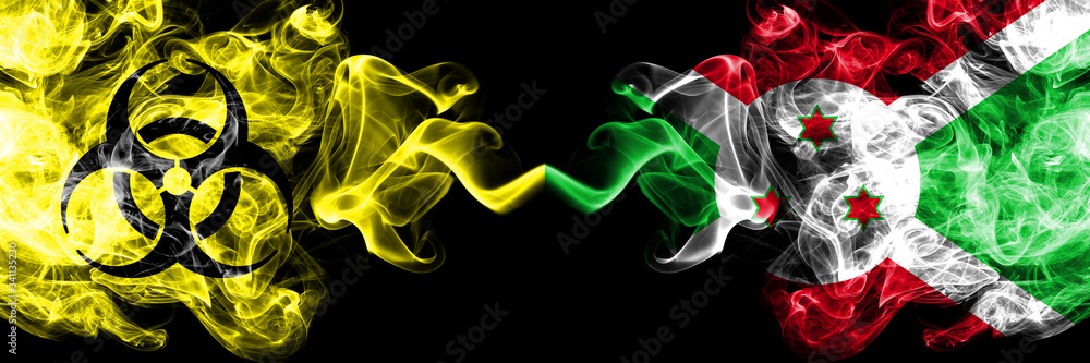 Quarantine in Burundi, Burundian. Coronavirus COVID-19 lockdown. Smoky mystic flag of Burundi, Burundian with biohazard symbol placed side by side. Quarantine in Burundi, Burundian. Coronavirus COVID-19 lockdown. Smoky mystic flag of Burundi, Burundian with biohazard symbol placed side by side.