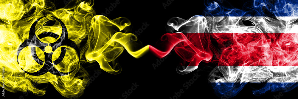 Quarantine in Costa Rica. Coronavirus COVID-19 lockdown. Smoky mystic flag of Costa Rica with biohazard symbol placed side by side. Quarantine in Costa Rica. Coronavirus COVID-19 lockdown. Smoky mystic flag of Costa Rica with biohazard symbol placed side by side.