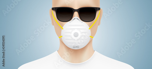 Man with black classic sunglasses and N95 face mask. Closeup shot of a white person, wearing fashion glasses and a virus protection medical mask. Vector illustration.