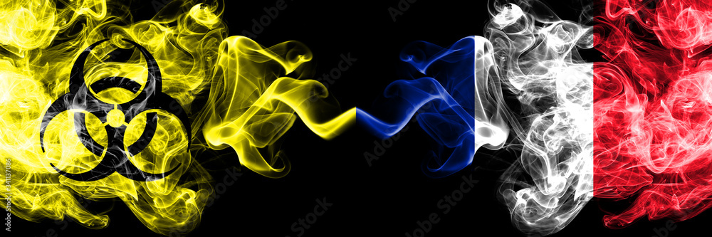 Quarantine in France, French. Coronavirus COVID-19 lockdown. Smoky mystic flag of France, French with biohazard symbol placed side by side. Quarantine in France, French. Coronavirus COVID-19 lockdown. Smoky mystic flag of France, French with biohazard symbol placed side by side.