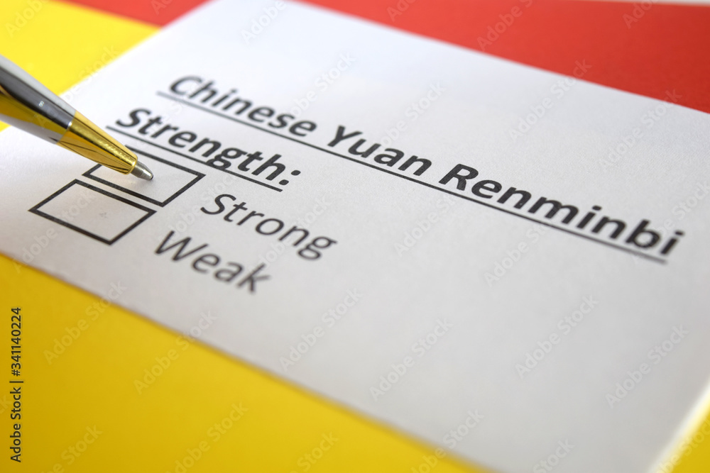 One person is answering question about strength of China Yuan Renminbi. One person is answering question about strength of China Yuan Renminbi.