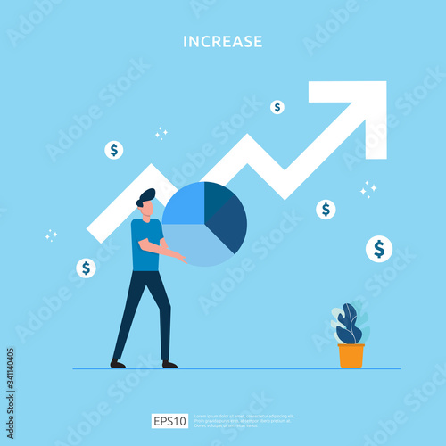 salary rate increase with growth up arrow and people character. business profit grow or income margin management revenue. Finance statistic performance of return on investment ROI illustration concept