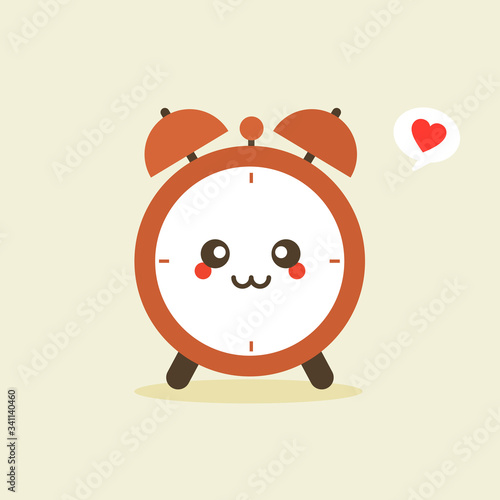 Cute and kawaii alarm clock character with face expression anda smile. Vector icon illustration for morning and waking up subjects, education, kids, school, students