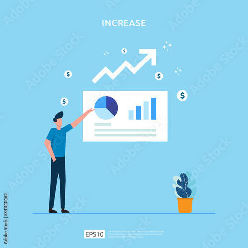 salary rate increase with growth up arrow and people character. business profit grow or income margin management revenue. Finance statistic performance of return on investment ROI illustration concept