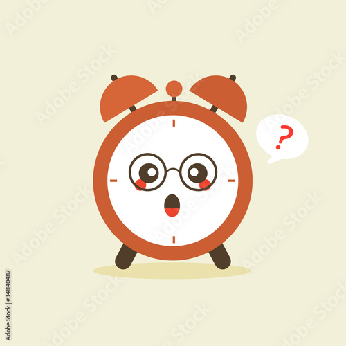 Cute and kawaii alarm clock character with face expression anda smile. Vector icon illustration for morning and waking up subjects, education, kids, school, students