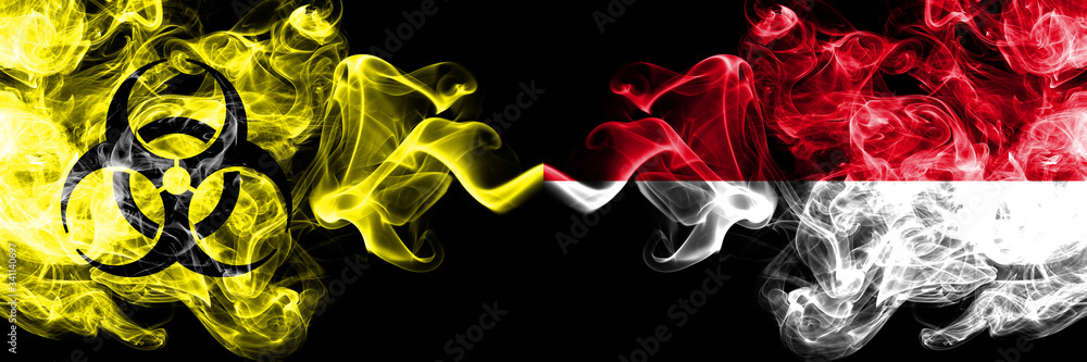Quarantine in Monaco, Monacan. Coronavirus COVID-19 lockdown. Smoky mystic flag of Monaco, Monacan with biohazard symbol placed side by side. Quarantine in Monaco, Monacan. Coronavirus COVID-19 lockdown. Smoky mystic flag of Monaco, Monacan with biohazard symbol placed side by side.