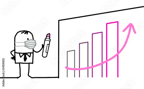 Cartoon businessman with protection mask drawing an optimistic pink chart on a wall