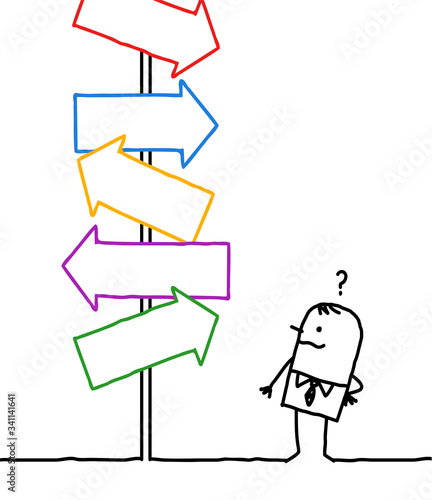 Cartoon businessman wondering what direction he will choose