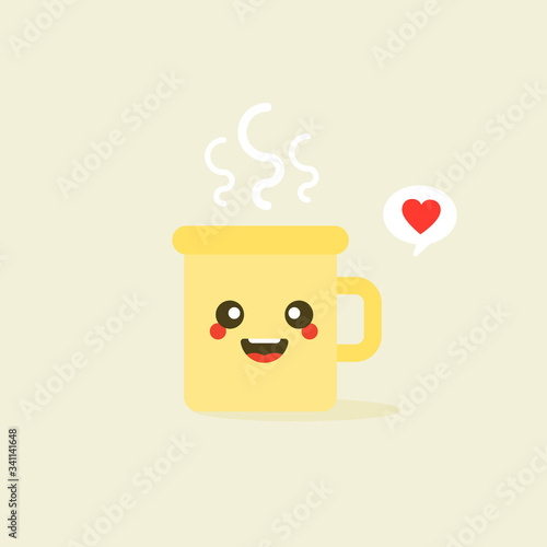 illustration of cup of coffee or tea cute smiling cartoon character isolated on color background. kawaii Yellow mug with smoke float up in flat style- cute dishes with hot beverage.
