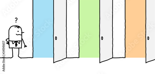Cartoon businessman hesitating front of three different opened doors