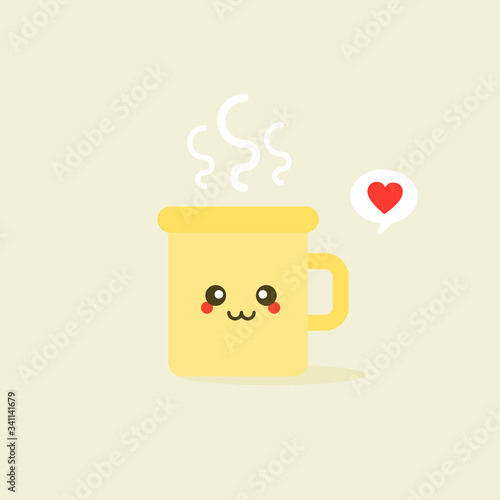 illustration of cup of coffee or tea cute smiling cartoon character isolated on color background. kawaii Yellow mug with smoke float up in flat style- cute dishes with hot beverage.
