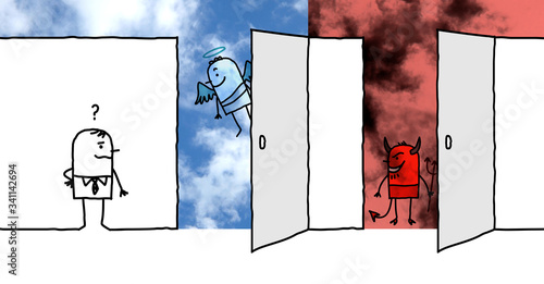 Bilde på lerret Cartoon man front of two big opened doors : Heaven and Hell