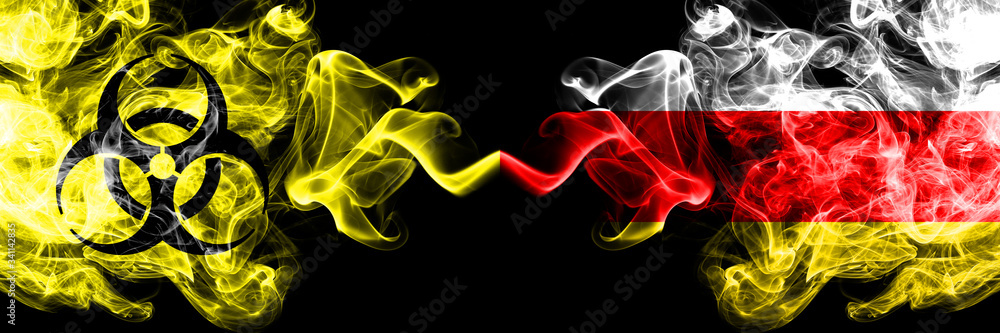 Quarantine in South Ossetia. Coronavirus COVID-19 lockdown. Smoky mystic flag of South Ossetia with biohazard symbol placed side by side. Quarantine in South Ossetia. Coronavirus COVID-19 lockdown. Smoky mystic flag of South Ossetia with biohazard symbol placed side by side.