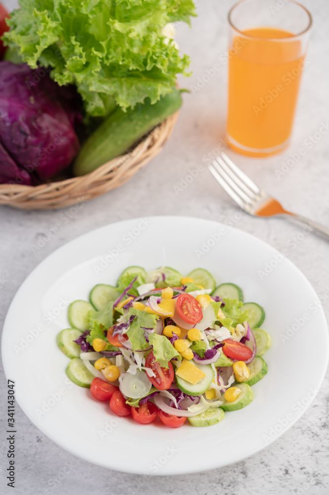 Vegetable salad with boiled eggs in a white dish. Vegetable salad with boiled eggs in a white dish.