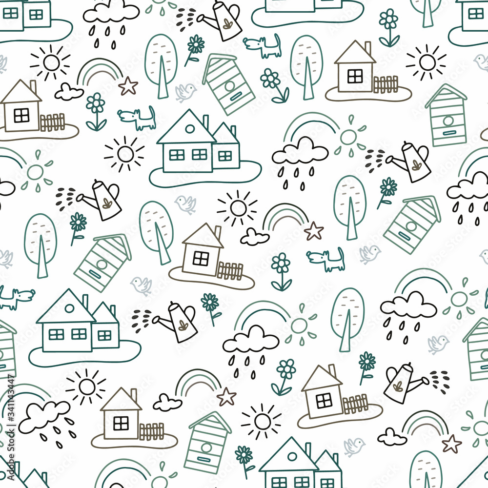 Seamless pattern with houses and trees, flowers, clouds Seamless pattern with houses and trees, flowers, clouds