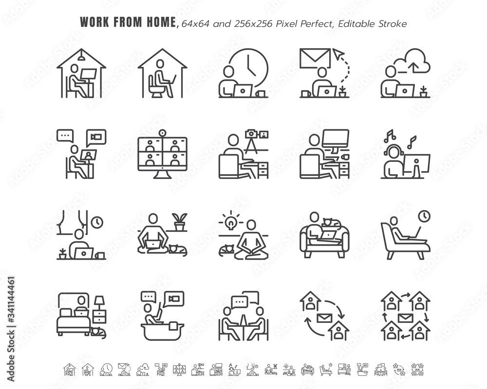 Simple Set of Stay and Work from Home in Coronavirus 2019 or Covid-19 Crisis.  Such as Working in Living Room, Bedroom, Bathroom. Thin Line Outline Icons Vector. 64x64 Pixel Perfect. Editable Stroke.