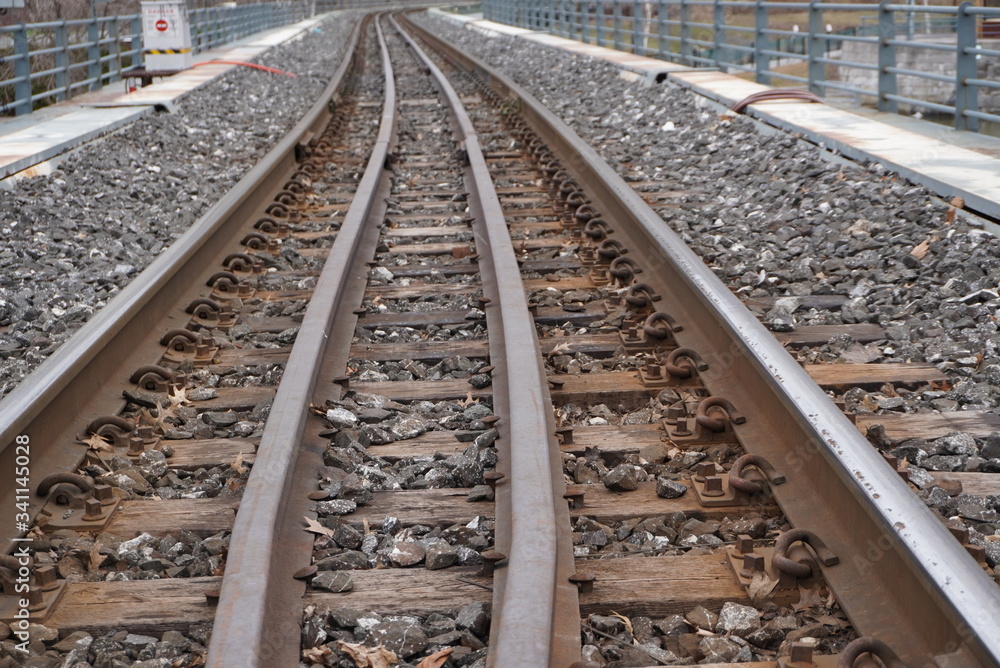 Fototapeta premium A railroad on a bridge. Both sides have security fences.