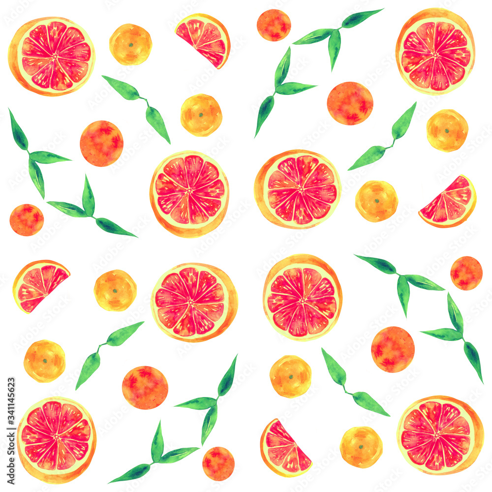 grapefruit and leaves. summer juicy seamless pattern. watercolor illustration isolated on white. for fabric, printing, surface texture,textile and packing design grapefruit and leaves. summer juicy seamless pattern. watercolor illustration isolated on white. for fabric, printing, surface texture,textile and packing design