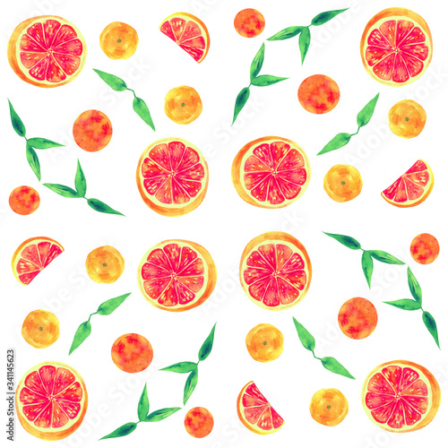 Fototapeta Naklejka Na Ścianę i Meble -  grapefruit and leaves. summer juicy seamless pattern. watercolor illustration isolated on white. for fabric, printing, surface texture,textile and packing design