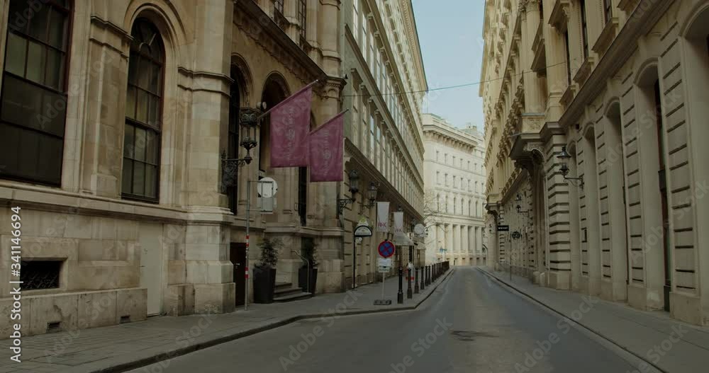 Shutdown in Vienna, Austria - tracking shot of empty street in the inner city Shutdown in Vienna, Austria - tracking shot of empty street in the inner city