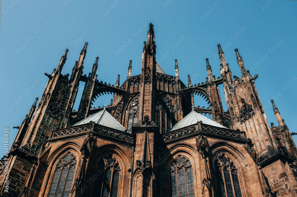 Gorgeous view of Gothic capel  cathedral , Monument of German Roman  Catholicism Neogothic architecture .the Catholic St. Vitus, Wenceslas and Adalbert in Prague. Aerial panoramic drone sky  view