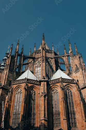 Gorgeous view of Gothic capel cathedral , Monument of German Roman Catholicism Neogothic architecture .the Catholic St. Vitus, Wenceslas and Adalbert in Prague. Aerial panoramic drone sky view