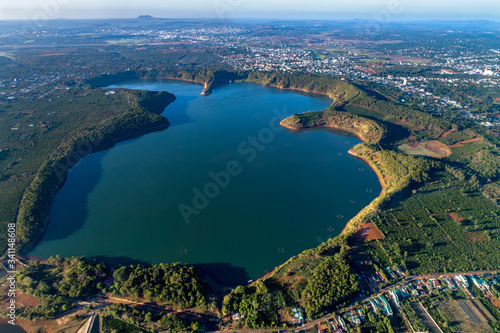 Aerial view of  To Nung lake or T’nung lake near  Pleiku city, Gia Lai province, Vietnam. To Nung lake or T’nung lake on the lava background of a volcano that has stopped working