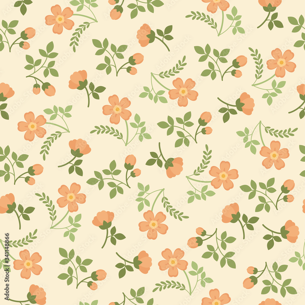 Cute floral seamless pattern. Pach flowers and green leaves on light background