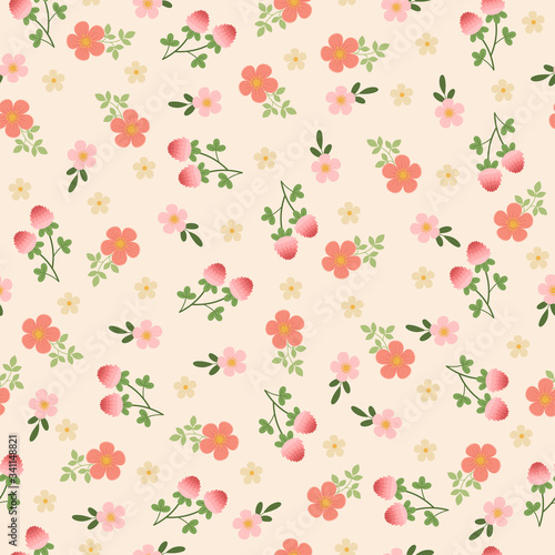 Cute floral seamless pattern. Pink and peach flowers on light background