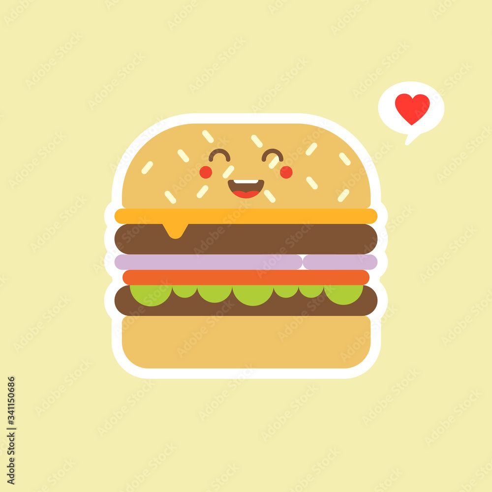 cute and kawaii vector cartoon cute burger character with cheese, meat and salad icon isolated on color background. Burger, tomatoes, pickled cucumbers, cheese, lettuce, bun. cute and kawaii vector cartoon cute burger character with cheese, meat and salad icon isolated on color background. Burger, tomatoes, pickled cucumbers, cheese, lettuce, bun.